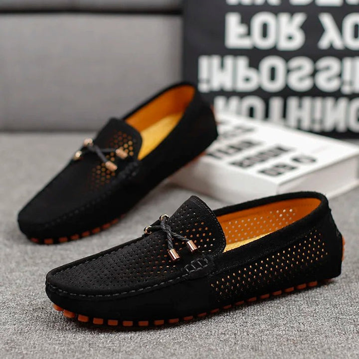 Men's Perforated Suede Slip-On Loafers Breathable Metal-Bow Detail