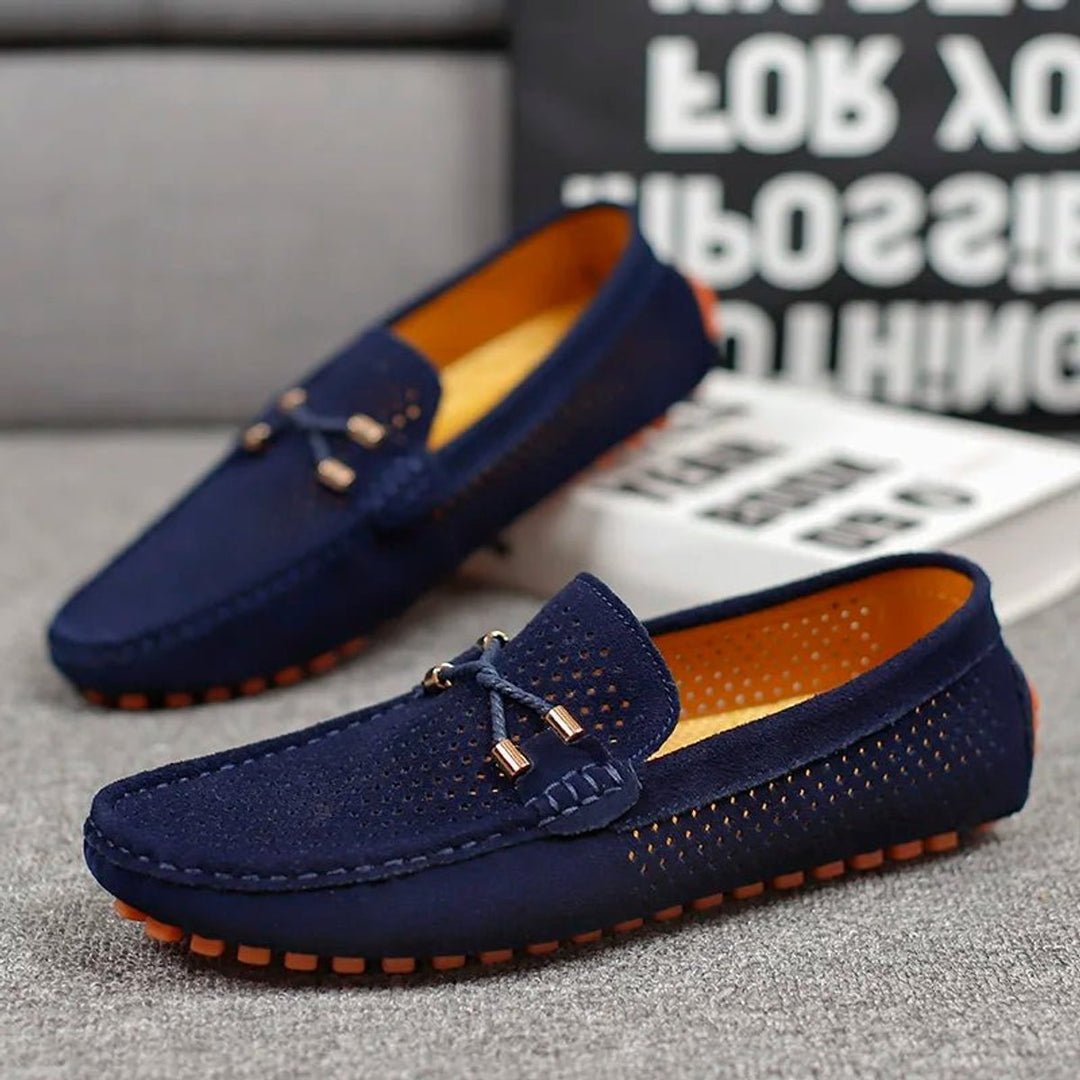 Men's Perforated Suede Slip-On Loafers Breathable Metal-Bow Detail