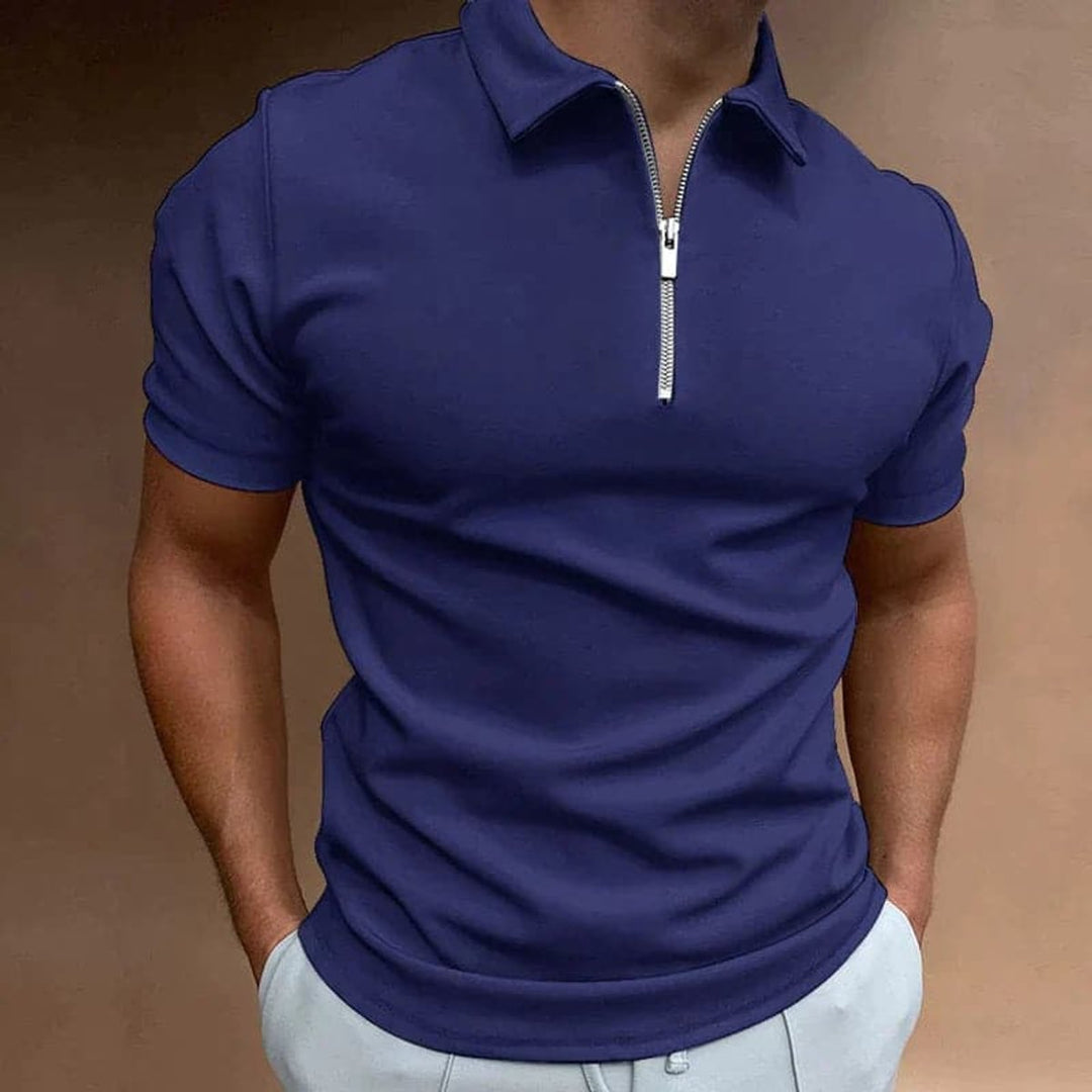 Men's Quarter-Zip Short-Sleeve Slim-Fit Polo Shirt - Navy Blue