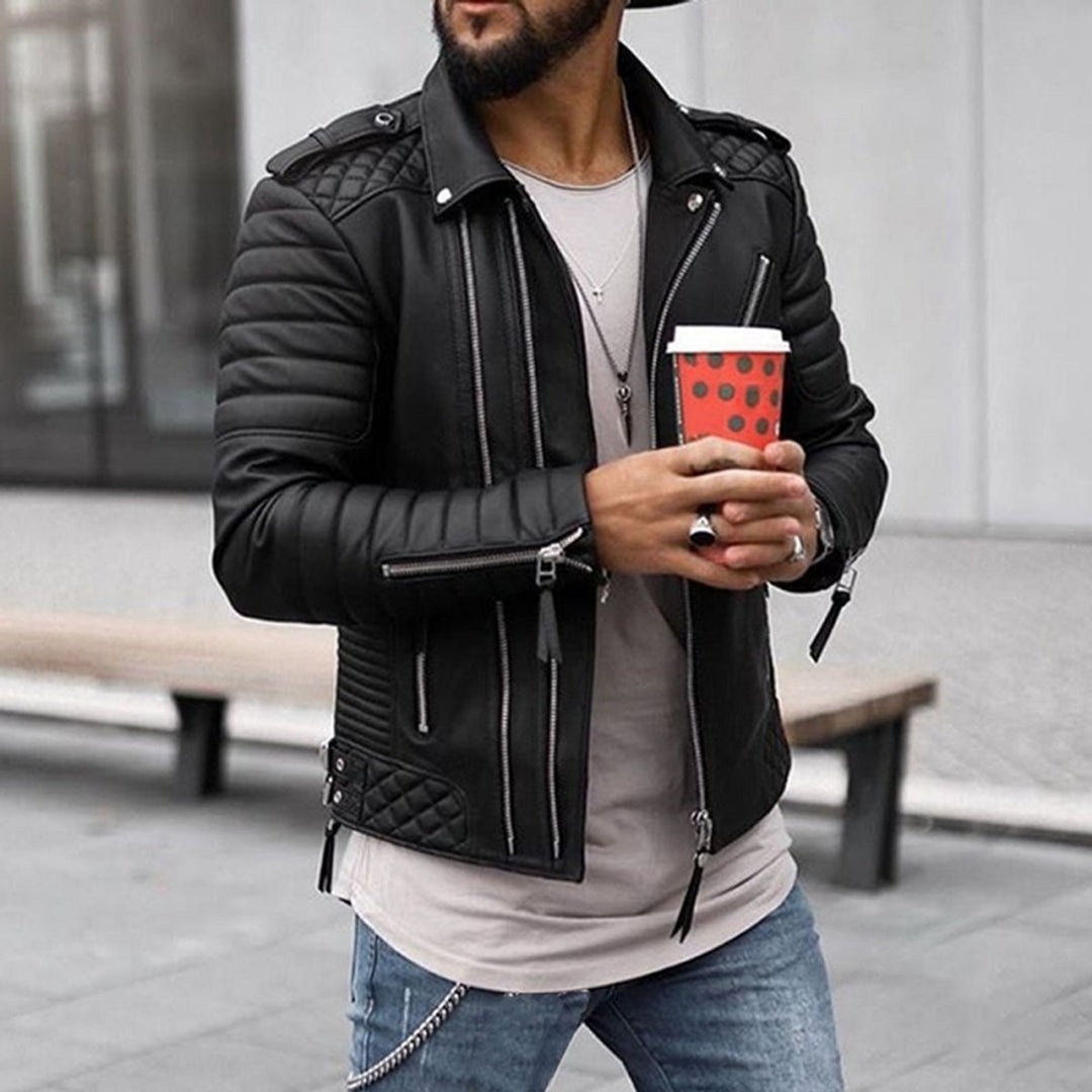 Men's Quilted Shoulder Faux Leather Multi-Zip Biker Jacket