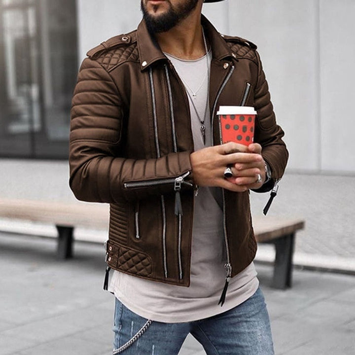 Men's Quilted Shoulder Faux Leather Multi-Zip Biker Jacket