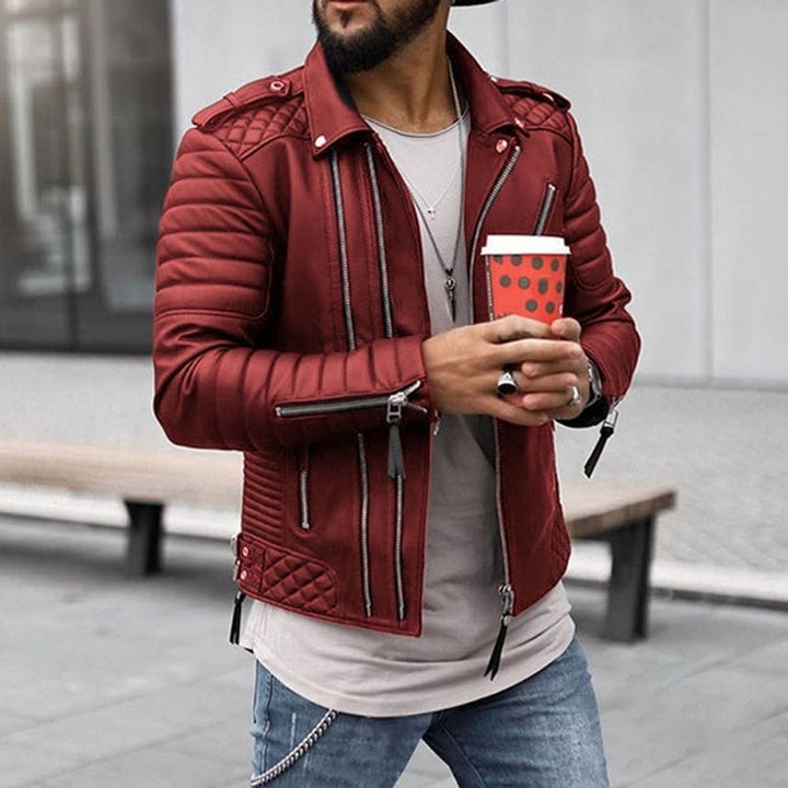 Men's Quilted Shoulder Faux Leather Multi-Zip Biker Jacket