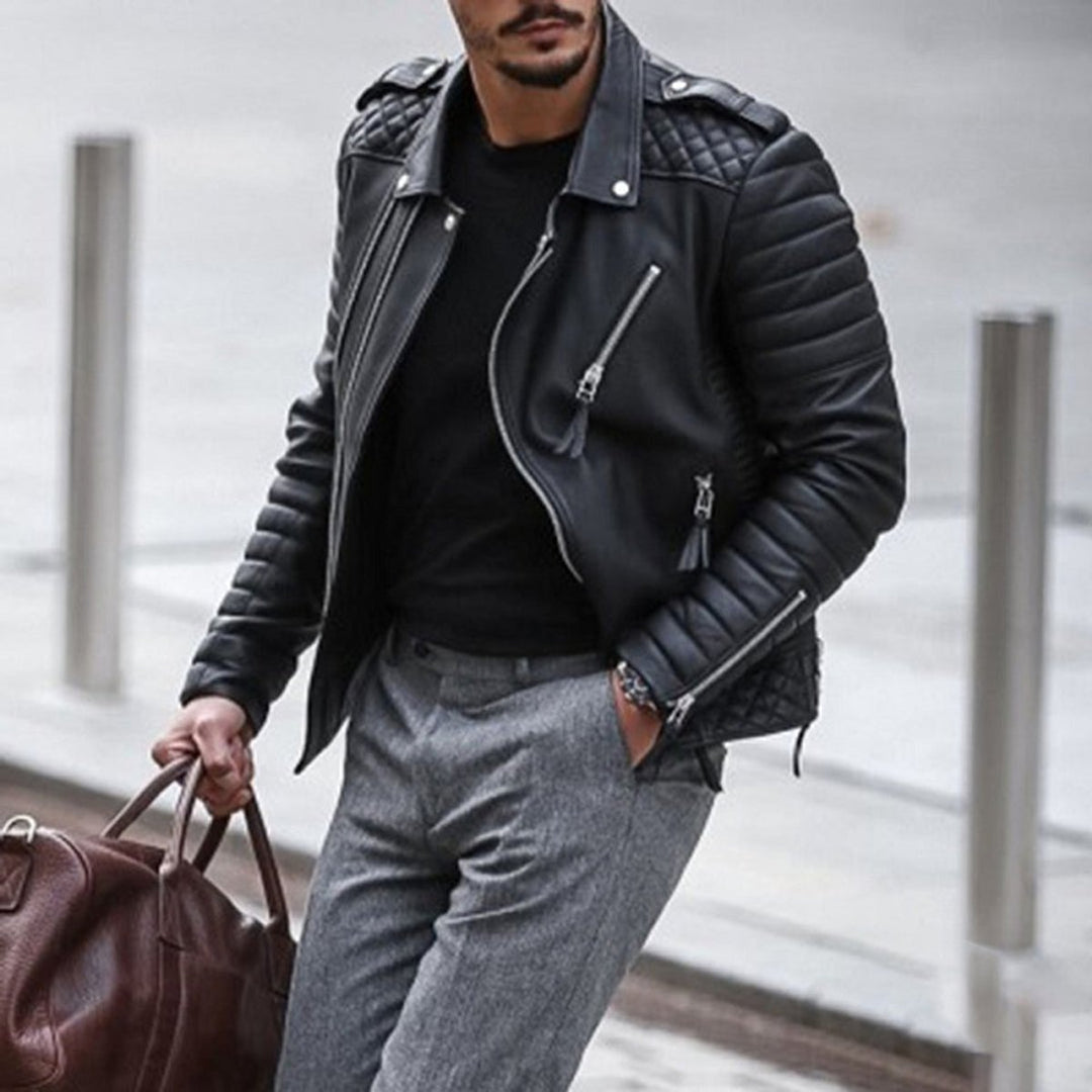 Men's Quilted Shoulder Faux Leather Multi-Zip Biker Jacket