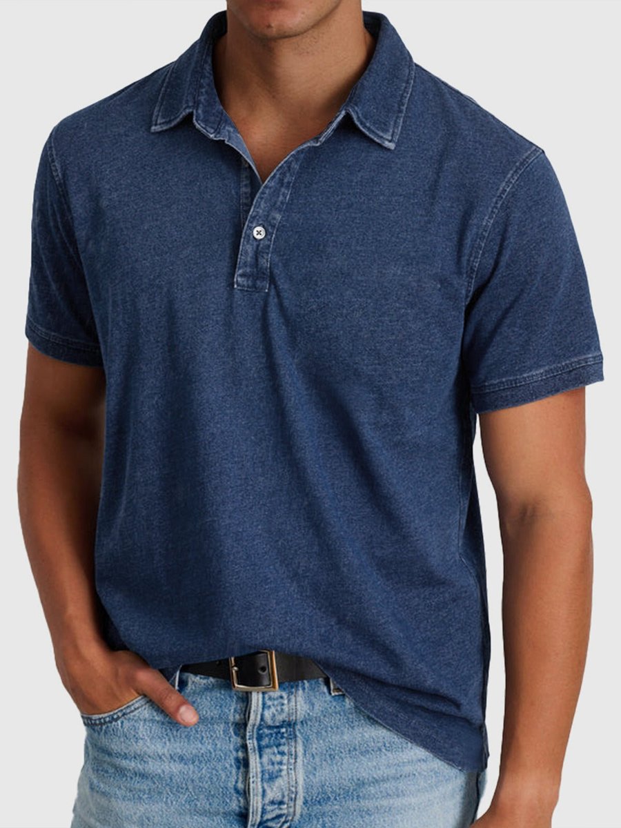 Men's Regular-Fit Short-Sleeve Cotton Denim Polo Shirt - Navy Blue