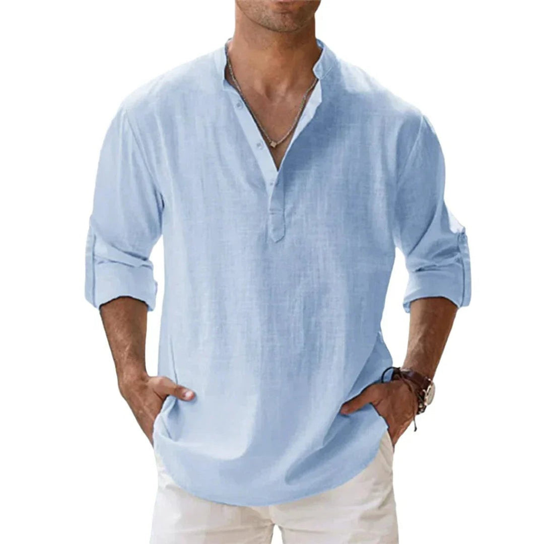 Men's Relaxed-Fit Cotton Linen Band-Collar Henley Shirt