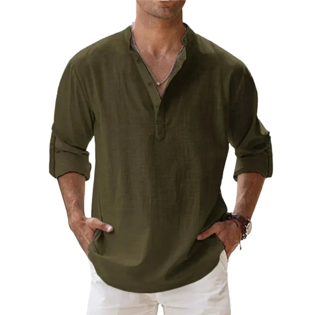 Men's Relaxed-Fit Cotton Linen Band-Collar Henley Shirt