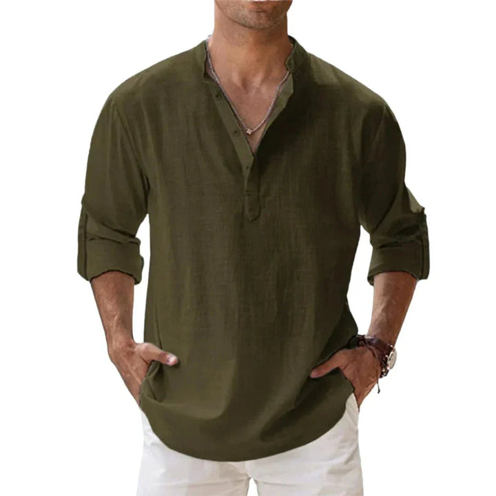 Men's Relaxed-Fit Cotton Linen Band-Collar Henley Shirt