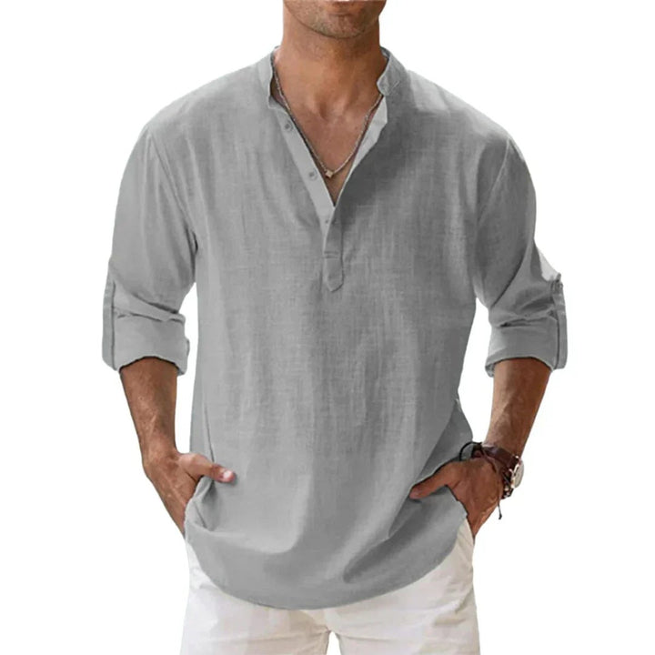 Men's Relaxed-Fit Cotton Linen Band-Collar Henley Shirt