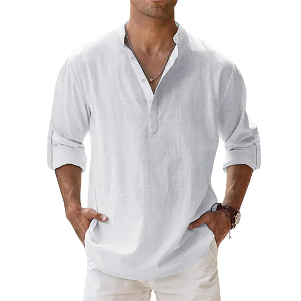 Men's Relaxed-Fit Cotton Linen Band-Collar Henley Shirt