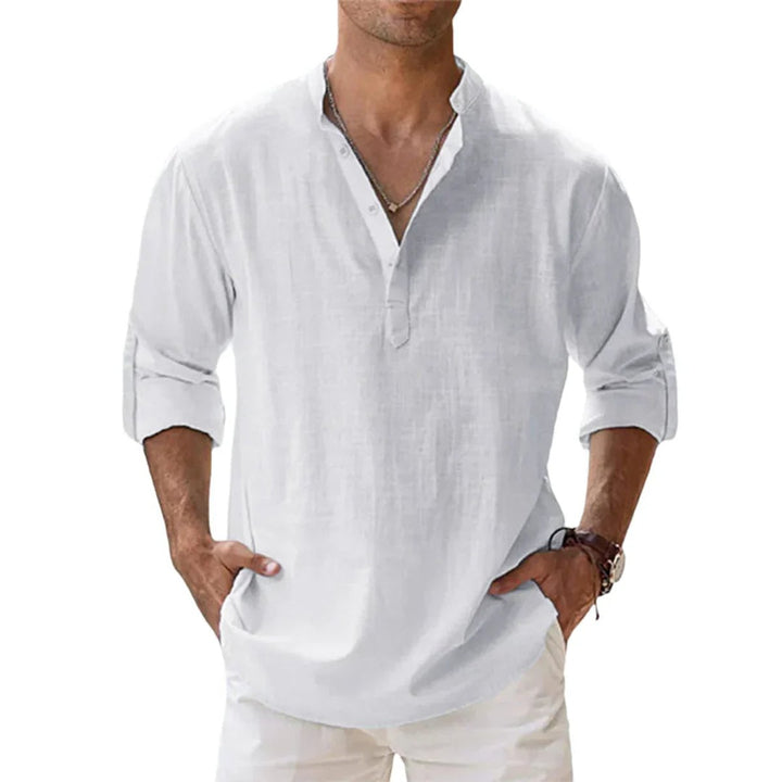 Men's Relaxed-Fit Cotton Linen Band-Collar Henley Shirt