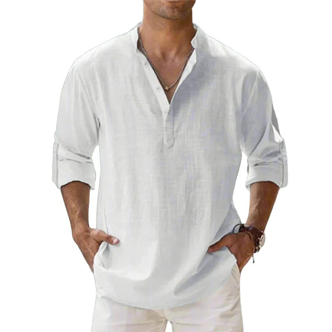 Men's Relaxed-Fit Cotton Linen Band-Collar Henley Shirt