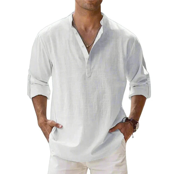 Men's Relaxed-Fit Cotton Linen Band-Collar Henley Shirt