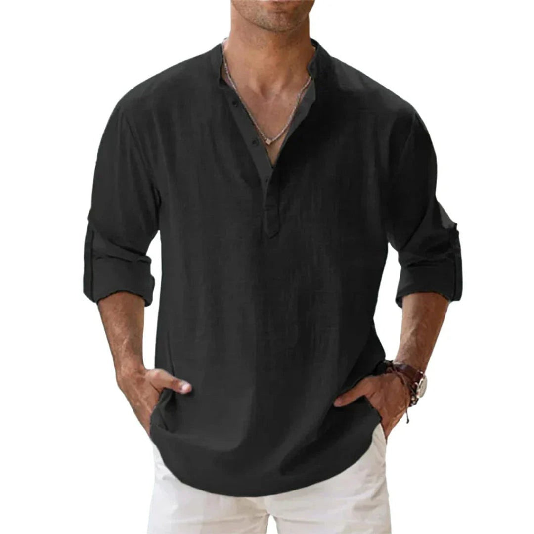 Men's Relaxed-Fit Cotton Linen Band-Collar Henley Shirt