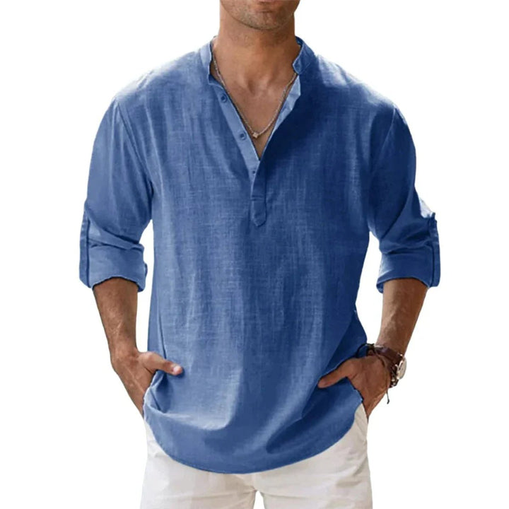 Men's Relaxed-Fit Cotton Linen Band-Collar Henley Shirt
