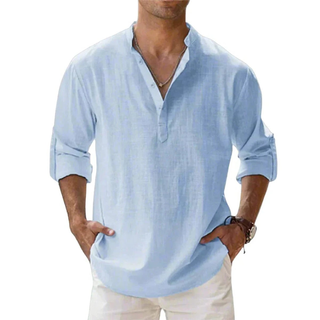 Men's Relaxed-Fit Cotton Linen Band-Collar Henley Shirt