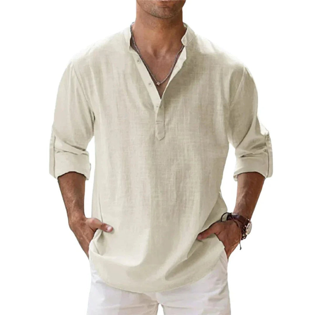 Men's Relaxed-Fit Cotton Linen Band-Collar Henley Shirt