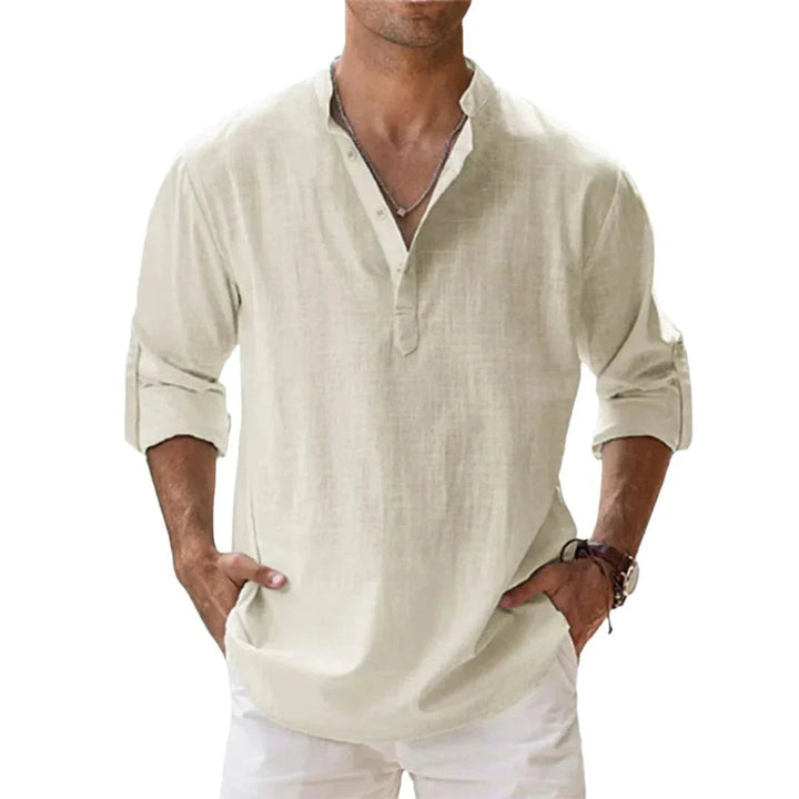 Men's Relaxed-Fit Cotton Linen Band-Collar Henley Shirt