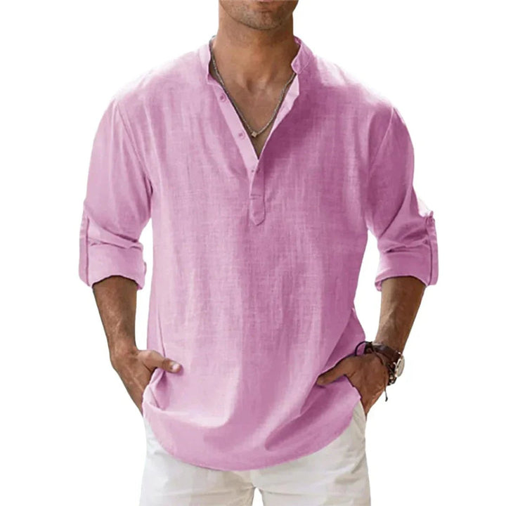 Men's Relaxed-Fit Cotton Linen Band-Collar Henley Shirt