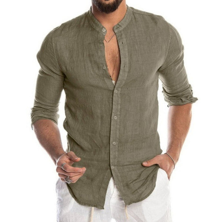 Men's Relaxed-Fit Linen Button-Down Collarless Long-Sleeve Shirt