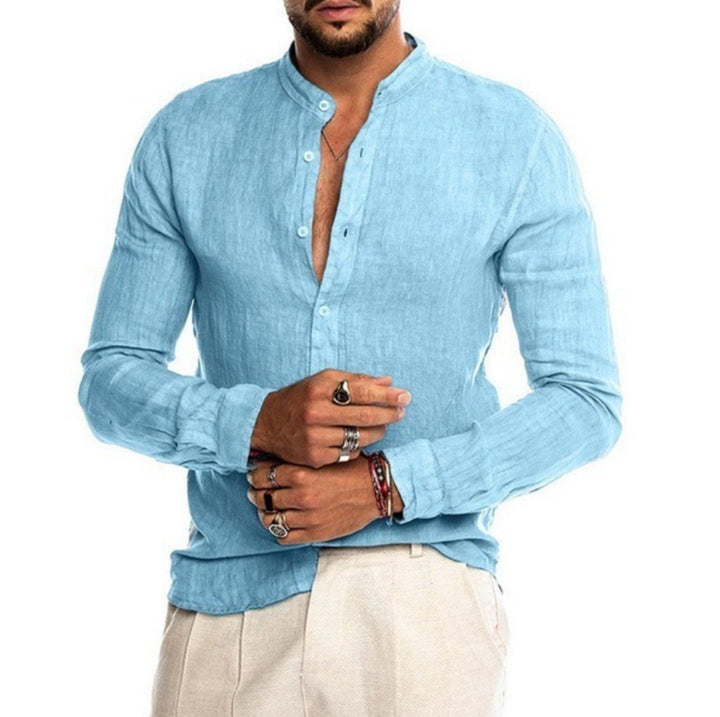 Men's Relaxed-Fit Linen Button-Down Collarless Long-Sleeve Shirt