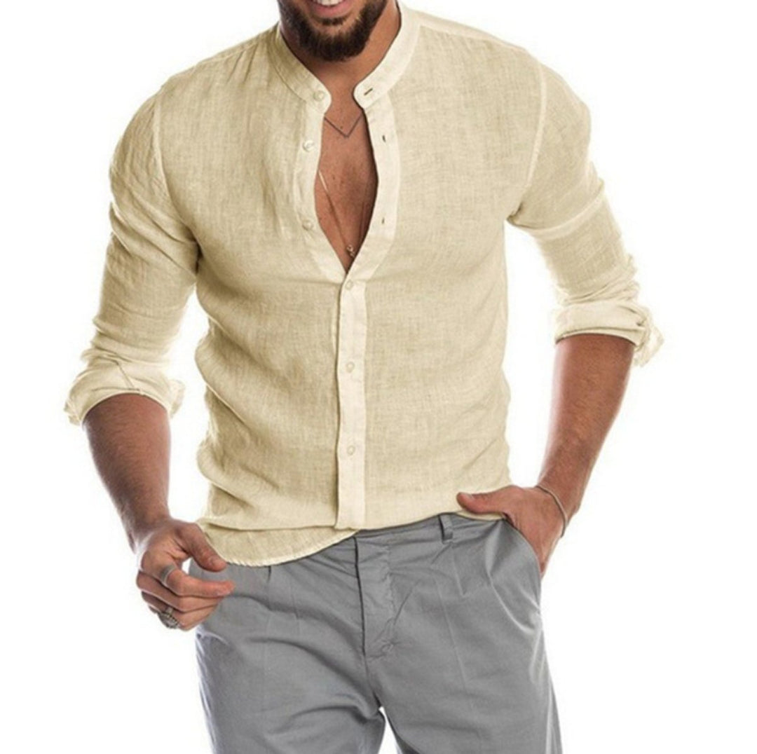 Men's Relaxed-Fit Linen Button-Down Collarless Long-Sleeve Shirt