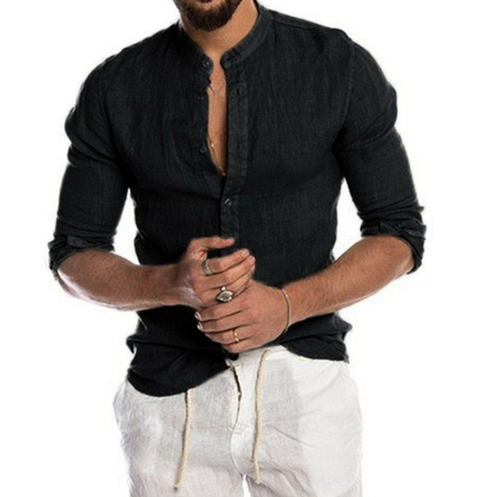 Men's Relaxed-Fit Linen Button-Down Collarless Long-Sleeve Shirt