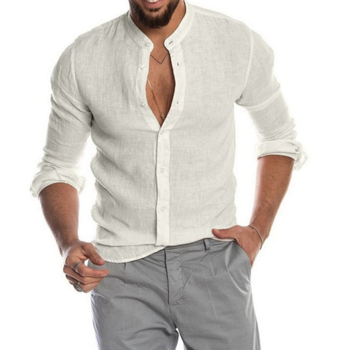 Men's Relaxed-Fit Linen Button-Down Collarless Long-Sleeve Shirt