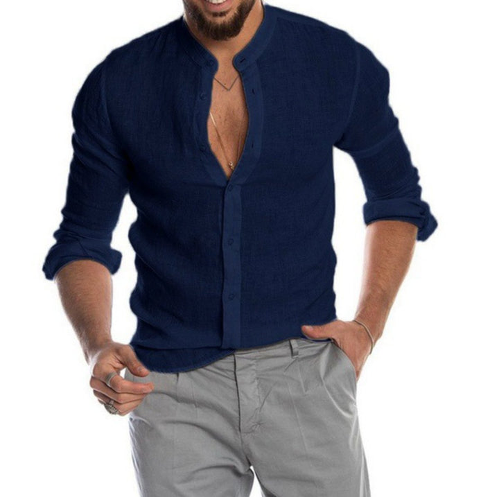 Men's Relaxed-Fit Linen Button-Down Collarless Long-Sleeve Shirt