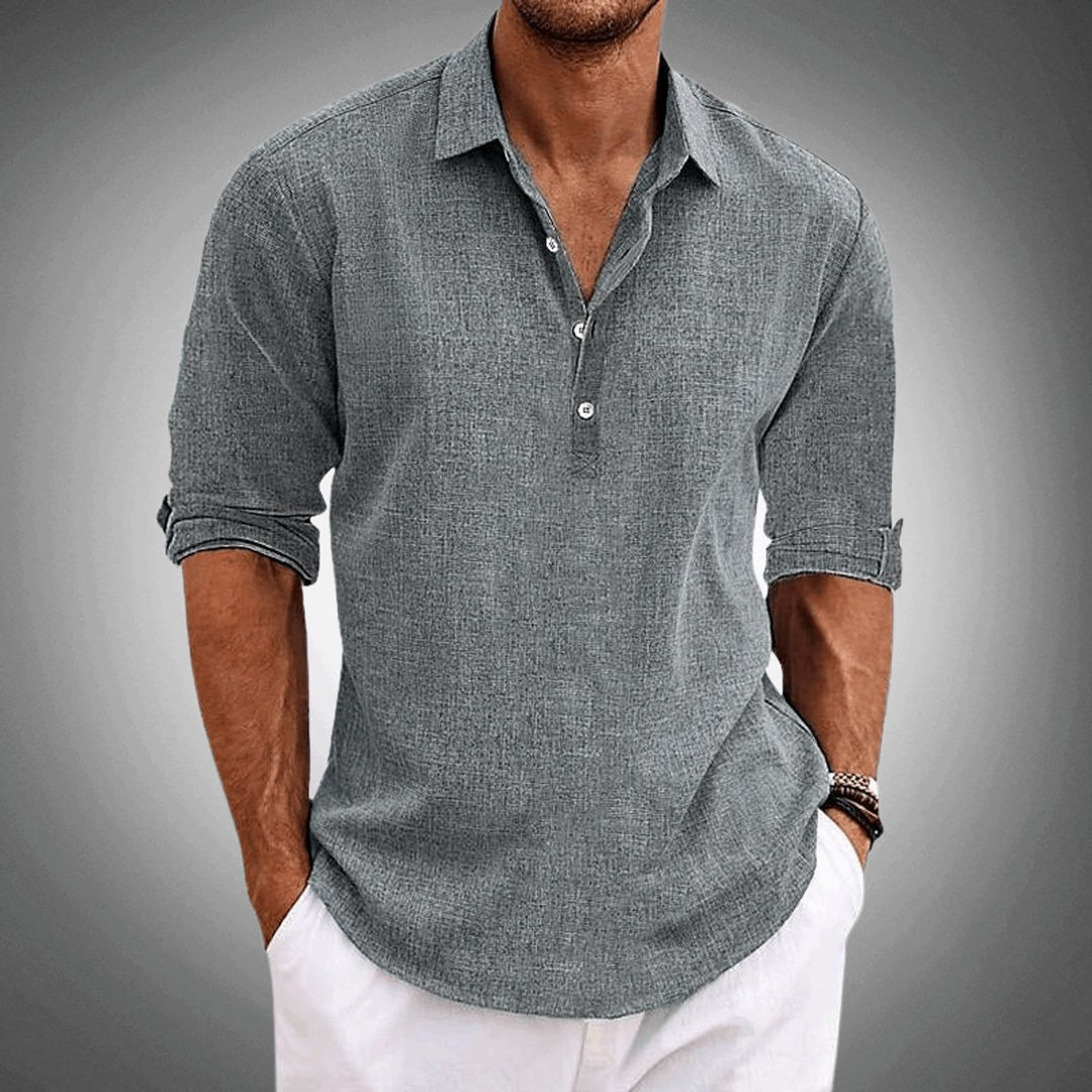 Men's Relaxed-Fit Linen Henley Collar Long-Sleeve Shirt