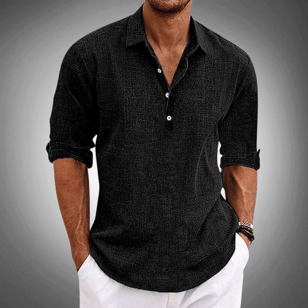 Men's Relaxed-Fit Linen Henley Collar Long-Sleeve Shirt