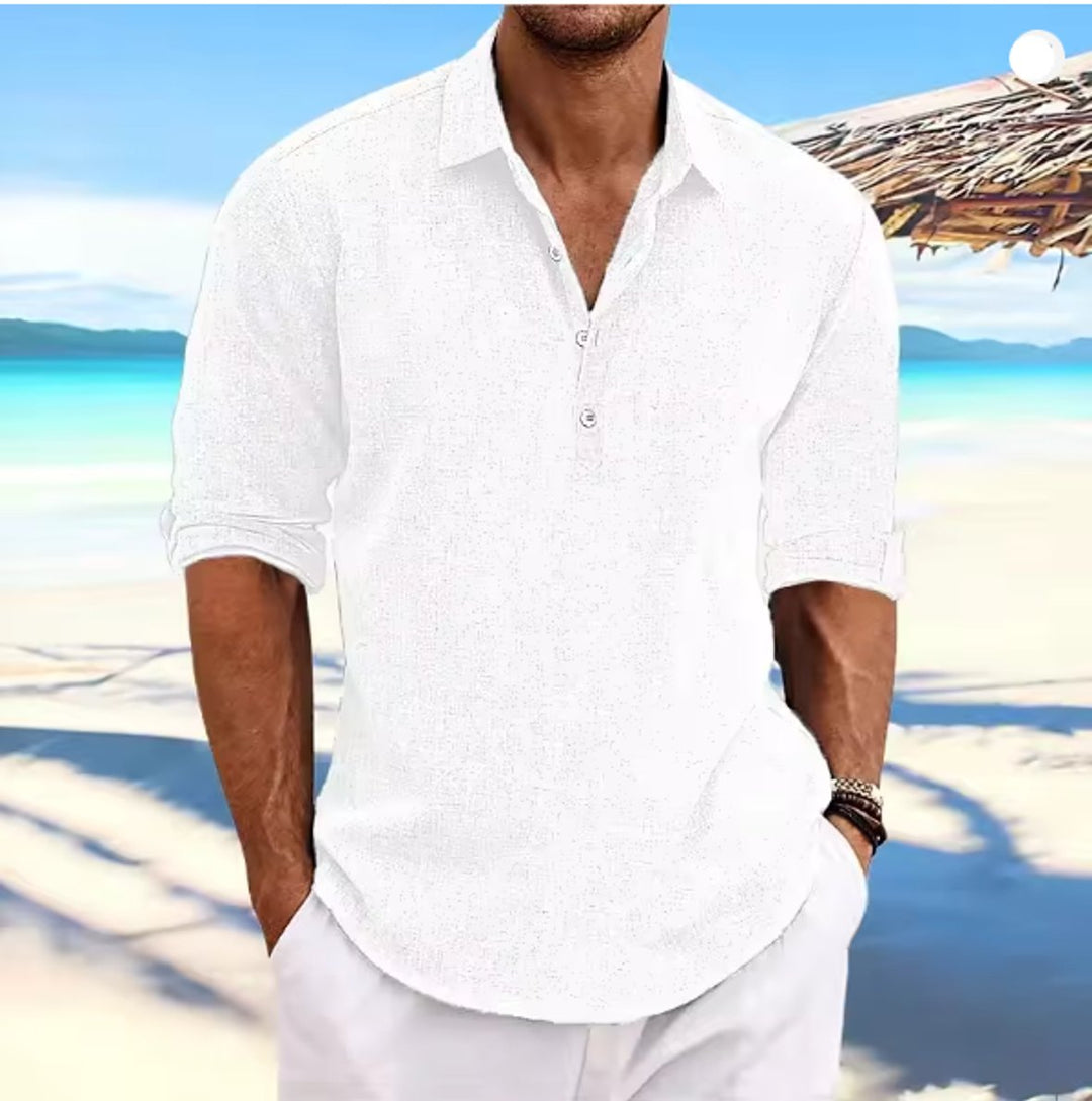 Men's Relaxed-Fit Linen Henley Collar Long-Sleeve Shirt