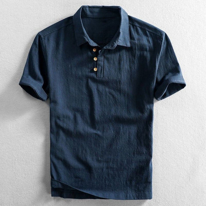 Men's Relaxed-Fit Linen Short-Sleeve Polo Shirt Three-Button - Navy Blue