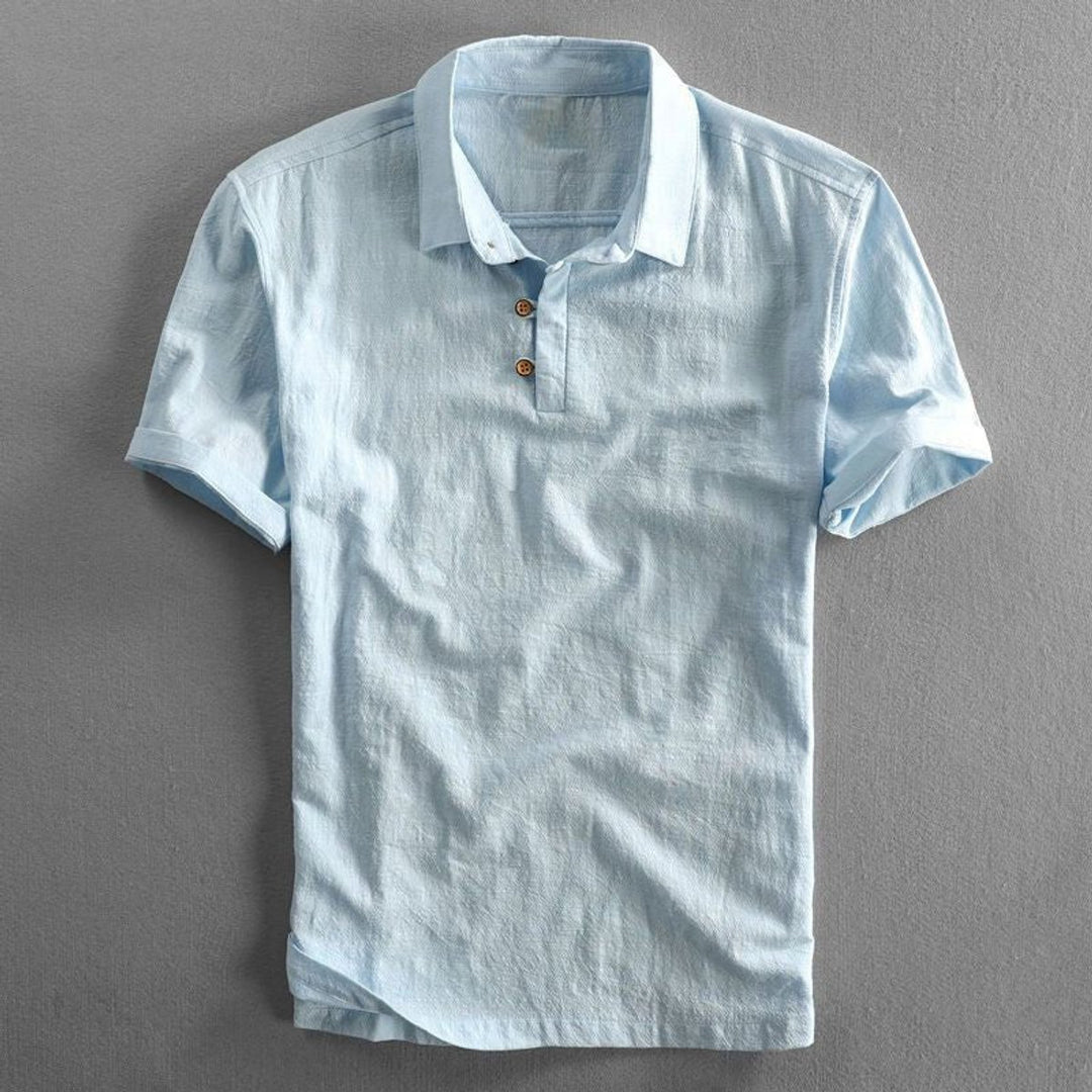 Men's Relaxed-Fit Linen Short-Sleeve Polo Shirt Three-Button - Light Blue