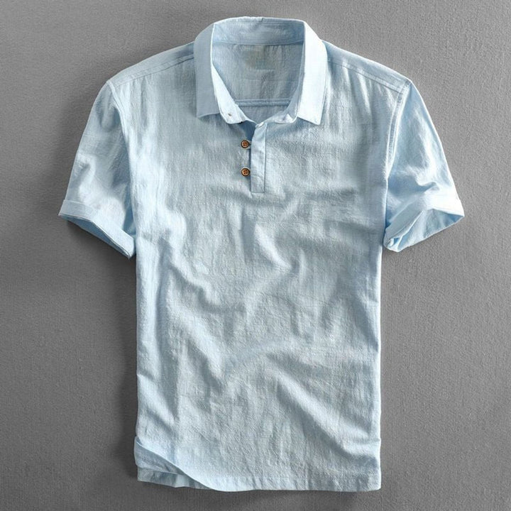 Men's Relaxed-Fit Linen Short-Sleeve Polo Shirt Three-Button - Light Blue