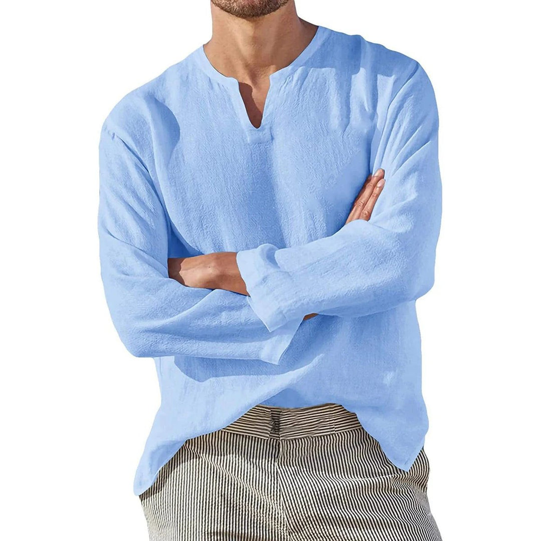 Men's Relaxed-Fit Long-Sleeve V-Neck Linen Pullover Shirt