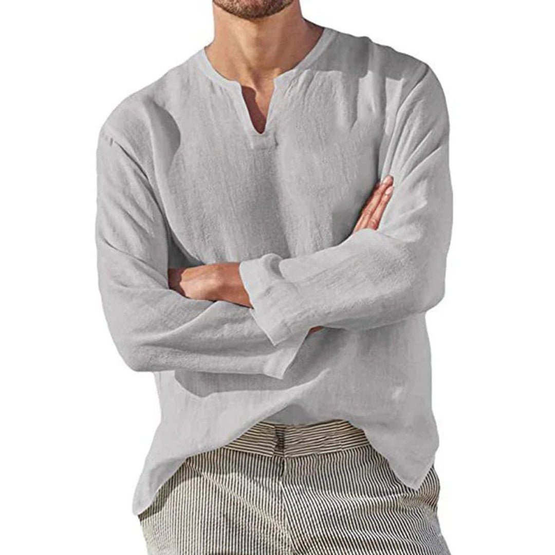 Men's Relaxed-Fit Long-Sleeve V-Neck Linen Pullover Shirt