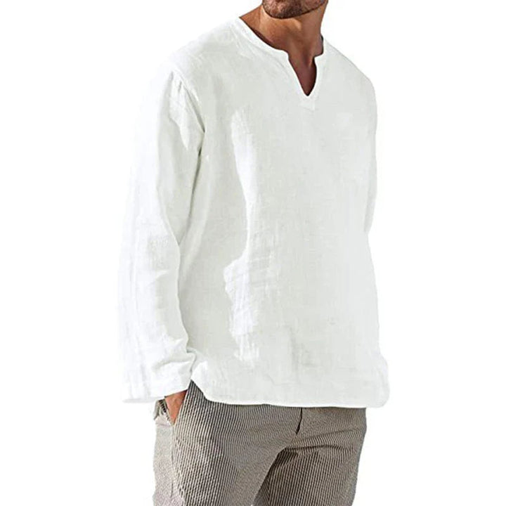 Men's Relaxed-Fit Long-Sleeve V-Neck Linen Pullover Shirt