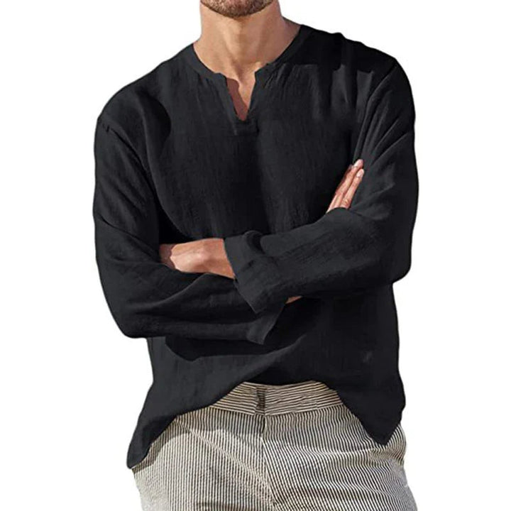 Men's Relaxed-Fit Long-Sleeve V-Neck Linen Pullover Shirt