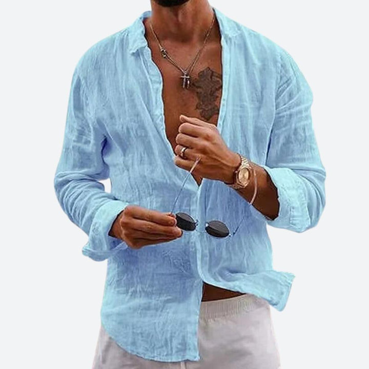 Men's Relaxed-Fit Open-Collar Long-Sleeve Linen Shirt