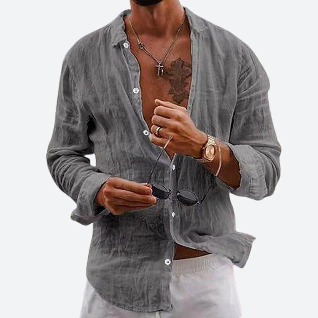 Men's Relaxed-Fit Open-Collar Long-Sleeve Linen Shirt