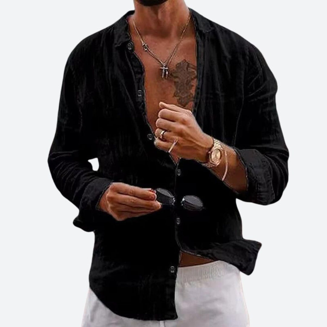 Men's Relaxed-Fit Open-Collar Long-Sleeve Linen Shirt