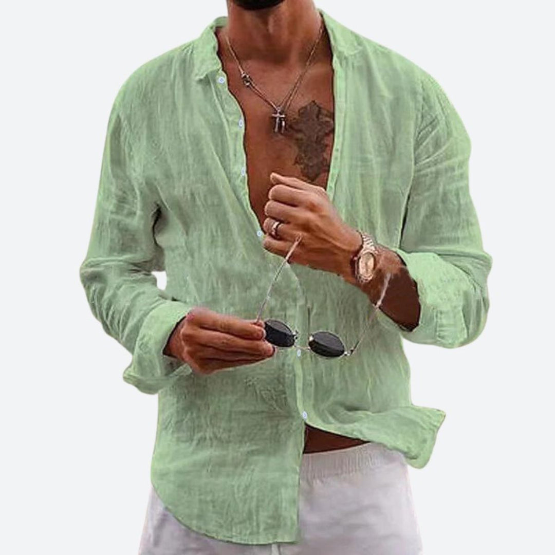 Men's Relaxed-Fit Open-Collar Long-Sleeve Linen Shirt