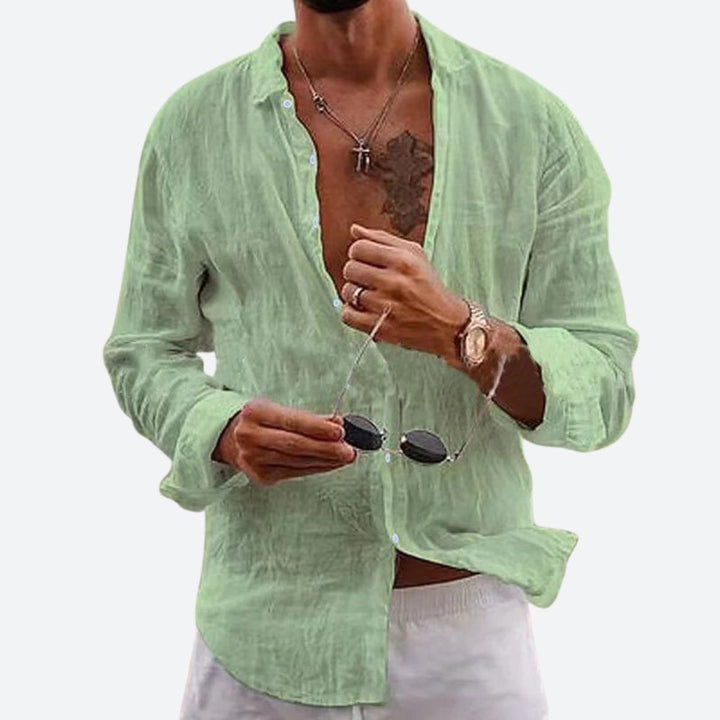Men's Relaxed-Fit Open-Collar Long-Sleeve Linen Shirt