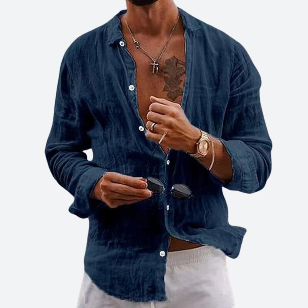 Men's Relaxed-Fit Open-Collar Long-Sleeve Linen Shirt