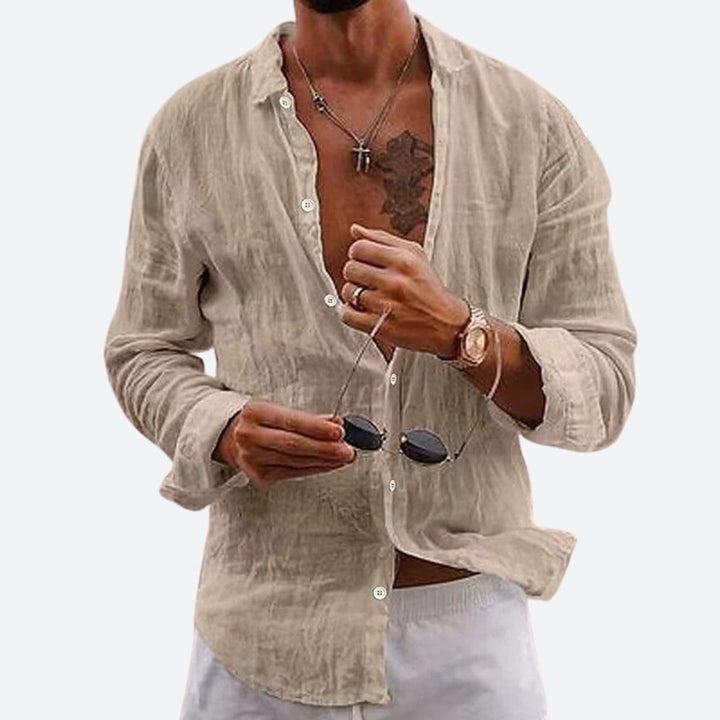 Men's Relaxed-Fit Open-Collar Long-Sleeve Linen Shirt