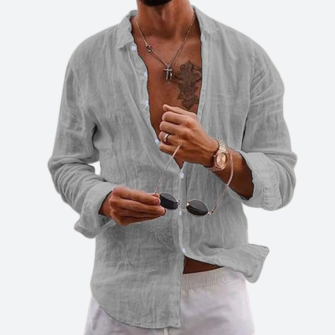 Men's Relaxed-Fit Open-Collar Long-Sleeve Linen Shirt