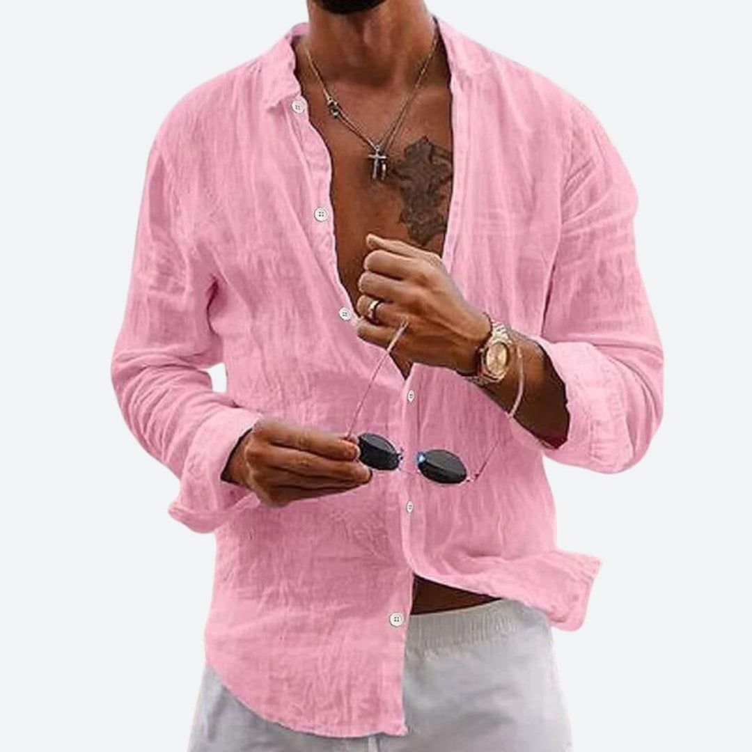 Men's Relaxed-Fit Open-Collar Long-Sleeve Linen Shirt