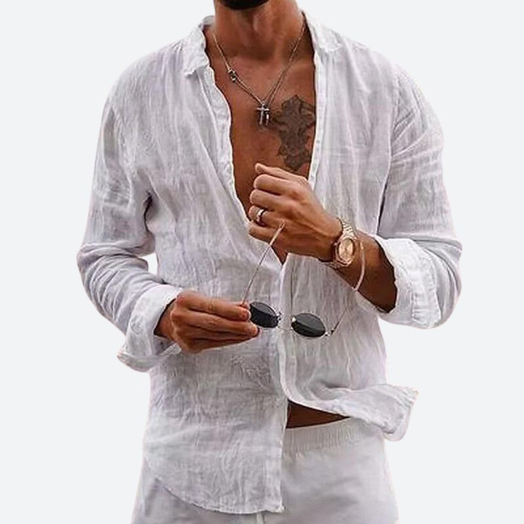 Men's Relaxed-Fit Open-Collar Long-Sleeve Linen Shirt