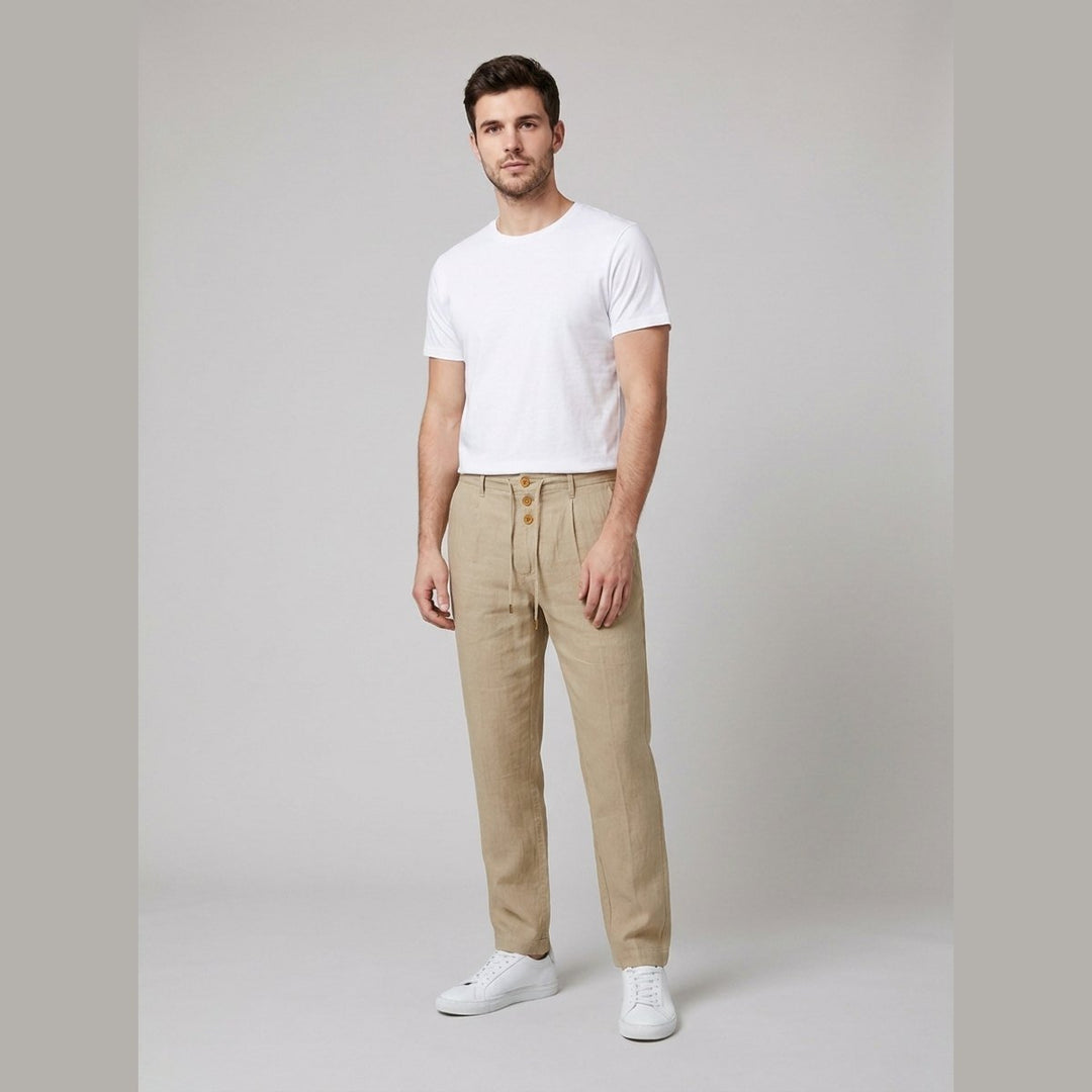 Men's Relaxed-Fit Pleated Linen Drawstring Pants