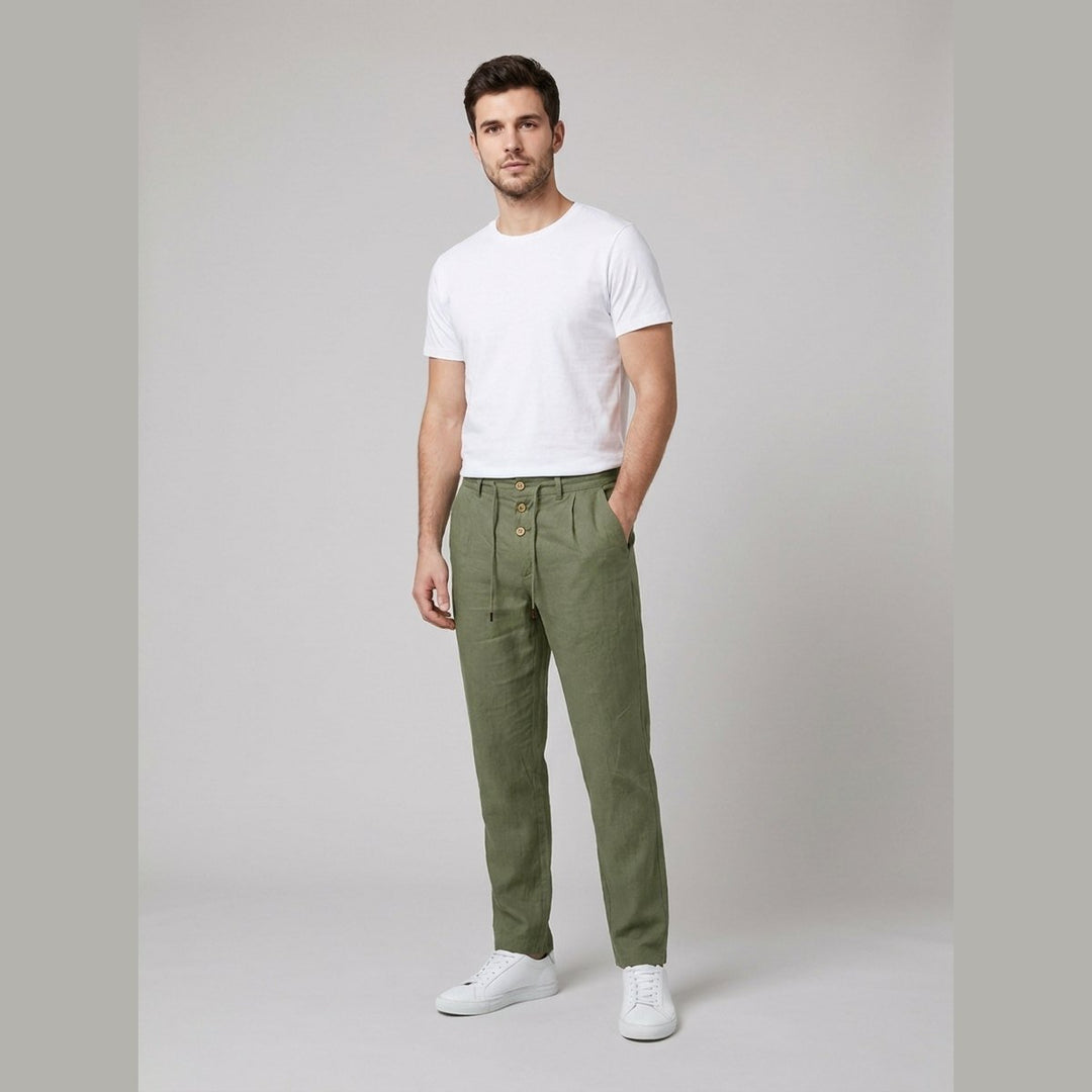 Men's Relaxed-Fit Pleated Linen Drawstring Pants